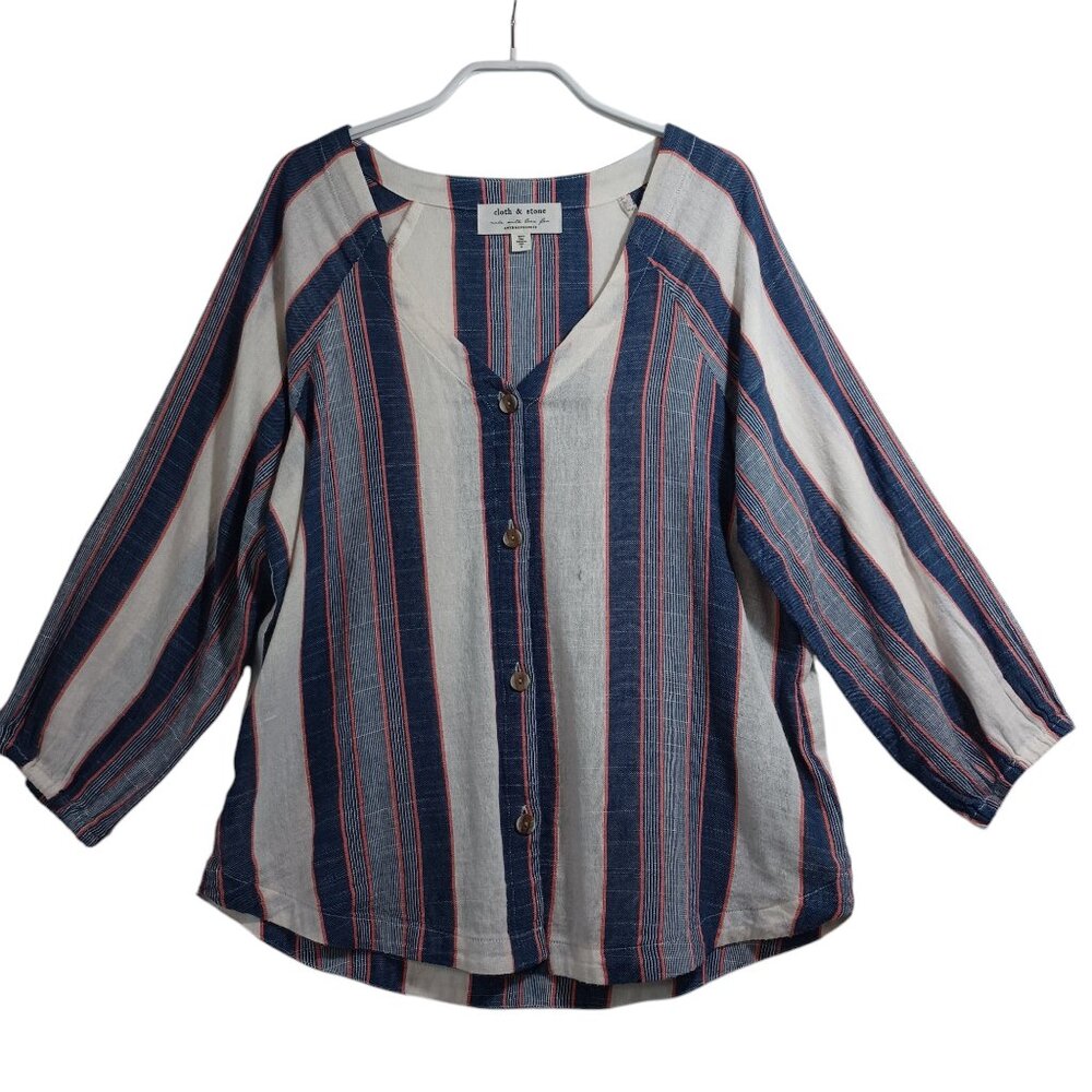 Cloth & Stone Anthropologie Womens Striped Button Front V-Neck Blouse Blue Med